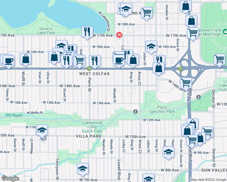 map of restaurants, bars, coffee shops, grocery stores, and more near 1375 Meade Street in Denver