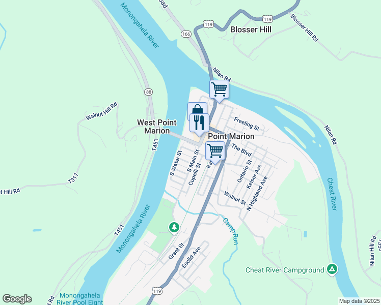 map of restaurants, bars, coffee shops, grocery stores, and more near 26 Broadway Street in Point Marion