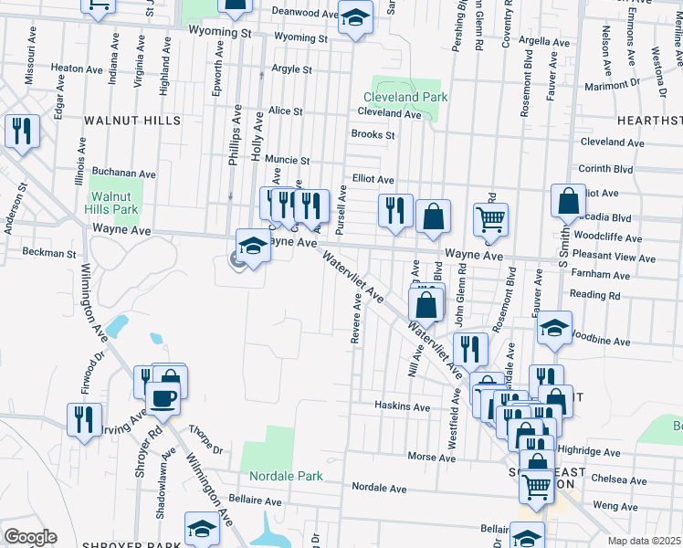map of restaurants, bars, coffee shops, grocery stores, and more near 51 Watervliet Avenue in Dayton
