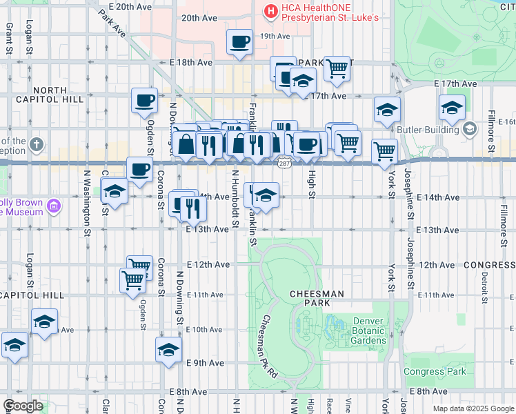 map of restaurants, bars, coffee shops, grocery stores, and more near 1328 Franklin Street in Denver