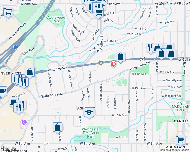 map of restaurants, bars, coffee shops, grocery stores, and more near 1392 Yank Street in Golden