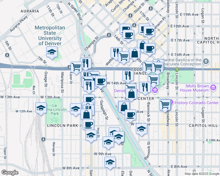 map of restaurants, bars, coffee shops, grocery stores, and more near 1350 Speer Boulevard in Denver