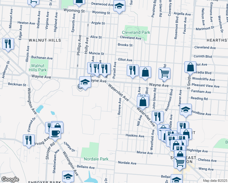 map of restaurants, bars, coffee shops, grocery stores, and more near 49 Watervliet Avenue in Dayton