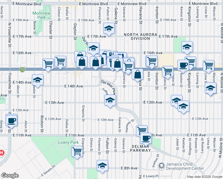 map of restaurants, bars, coffee shops, grocery stores, and more near 1349 Del Mar Parkway in Aurora