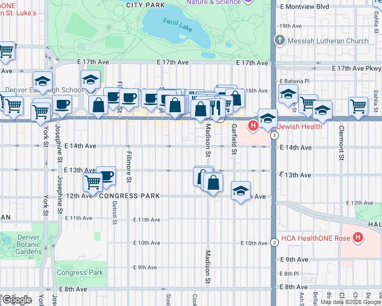 map of restaurants, bars, coffee shops, grocery stores, and more near 1357 Cook Street in Denver