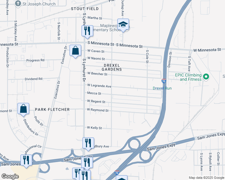 map of restaurants, bars, coffee shops, grocery stores, and more near 5061 West Legrande Avenue in Indianapolis