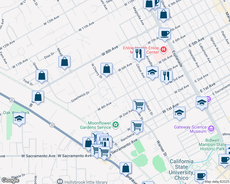 map of restaurants, bars, coffee shops, grocery stores, and more near 1422 North Cherry Street in Chico
