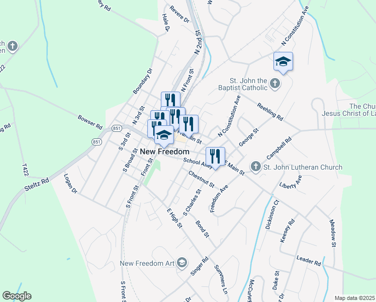 map of restaurants, bars, coffee shops, grocery stores, and more near 32 E Main St in New Freedom