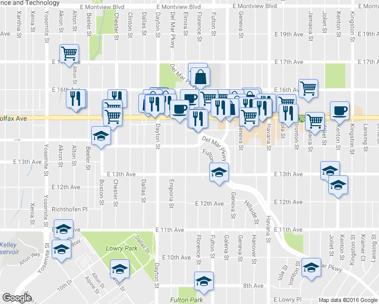 map of restaurants, bars, coffee shops, grocery stores, and more near 1364 Elmira Street in Aurora
