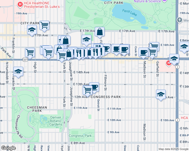 map of restaurants, bars, coffee shops, grocery stores, and more near 1362 Clayton Street in Denver