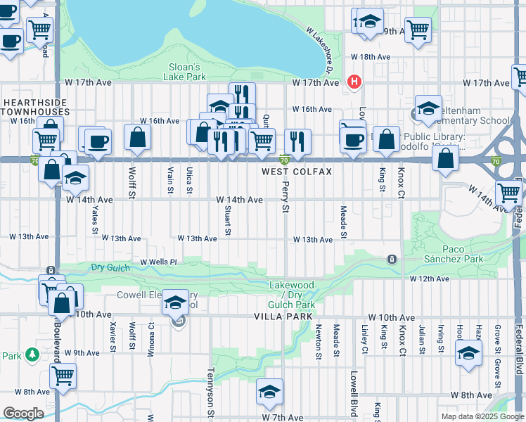map of restaurants, bars, coffee shops, grocery stores, and more near 1365 Quitman Street in Denver