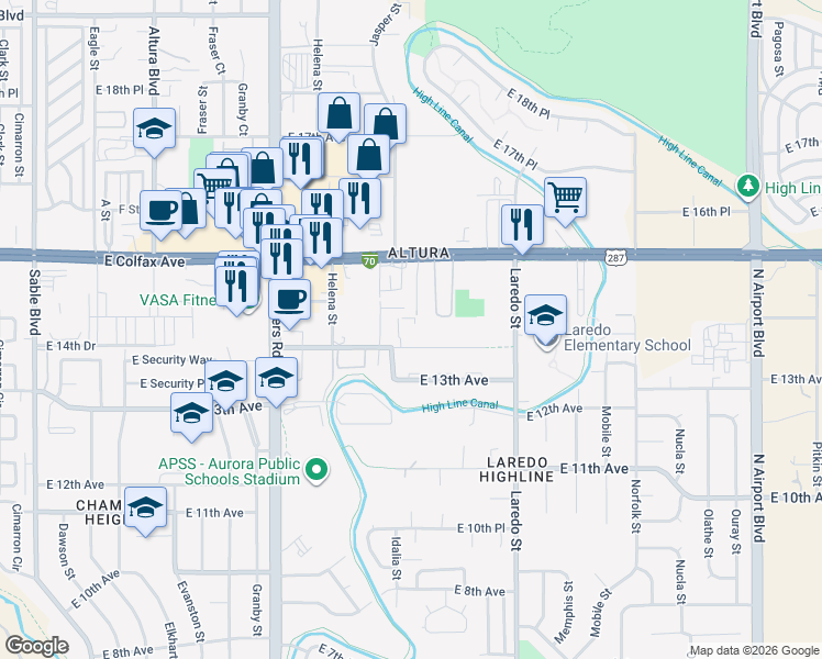 map of restaurants, bars, coffee shops, grocery stores, and more near 15773 East 13th Place in Aurora