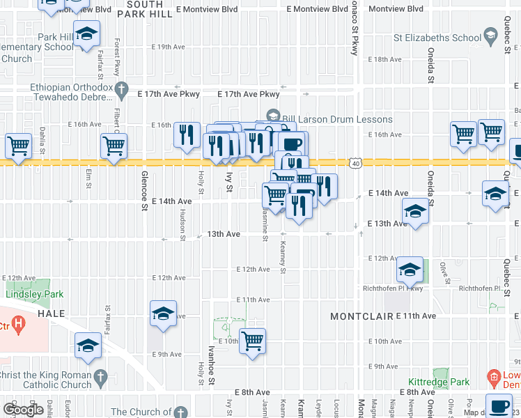 map of restaurants, bars, coffee shops, grocery stores, and more near 1361 Jasmine Street in Denver