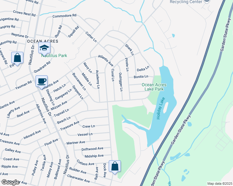 map of restaurants, bars, coffee shops, grocery stores, and more near 479 Coral Lane in Stafford Township