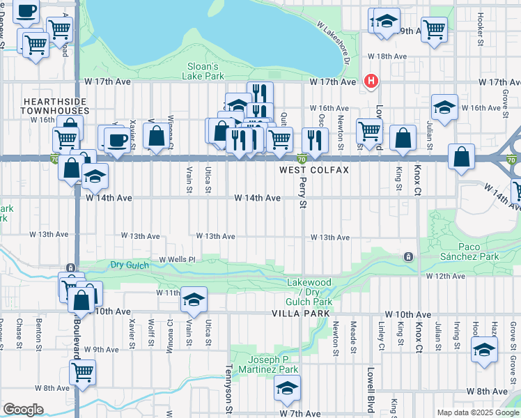 map of restaurants, bars, coffee shops, grocery stores, and more near 1375 Raleigh Street in Denver