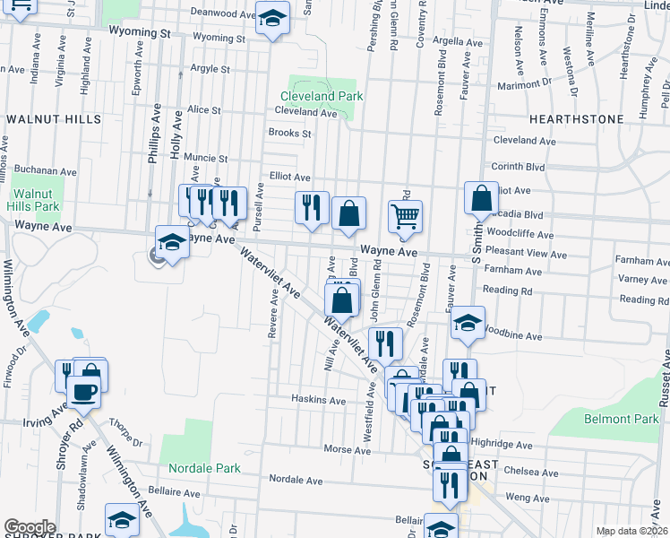 map of restaurants, bars, coffee shops, grocery stores, and more near 2022 King Avenue in Dayton