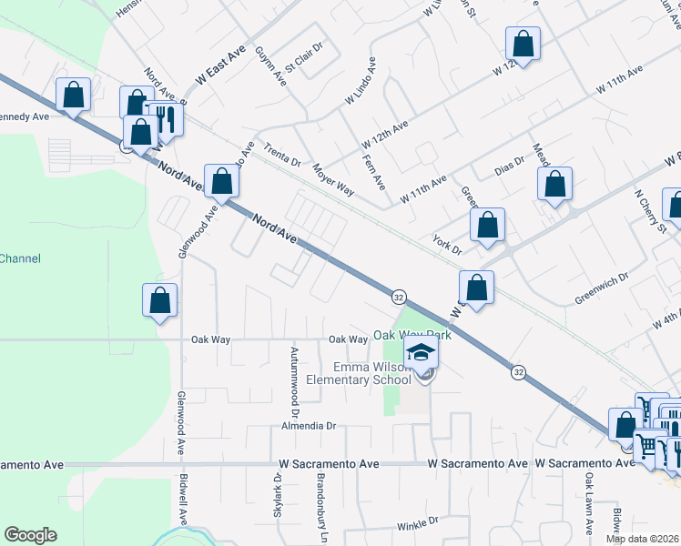 map of restaurants, bars, coffee shops, grocery stores, and more near 1504 La Linda Lane in Chico