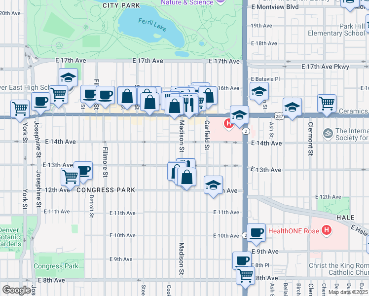 map of restaurants, bars, coffee shops, grocery stores, and more near 1364 Madison Street in Denver