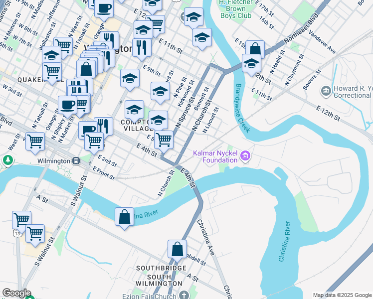 map of restaurants, bars, coffee shops, grocery stores, and more near 506 North Church Street in Wilmington