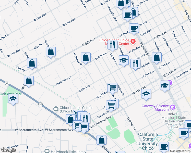 map of restaurants, bars, coffee shops, grocery stores, and more near 1412 North Cherry Street in Chico