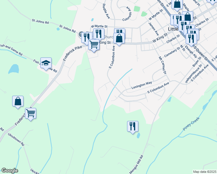 map of restaurants, bars, coffee shops, grocery stores, and more near 8 Concord Court in Littlestown