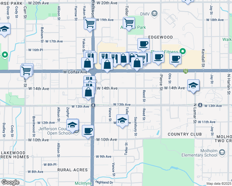 map of restaurants, bars, coffee shops, grocery stores, and more near 1383 Upham Street in Lakewood