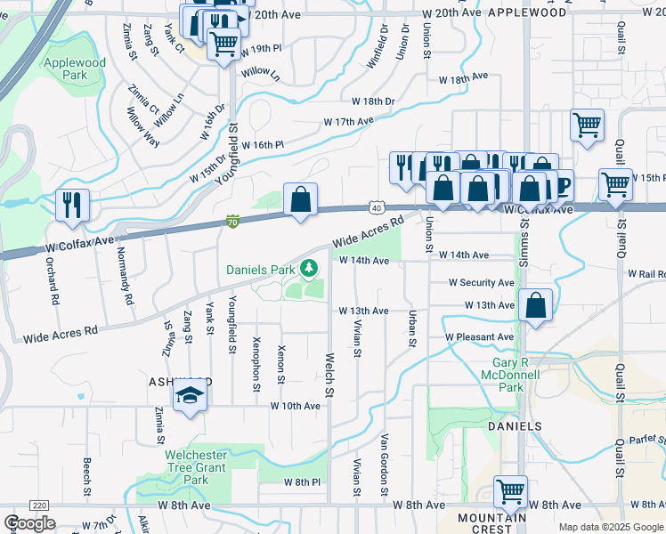 map of restaurants, bars, coffee shops, grocery stores, and more near 17776 West 14th Avenue in Golden