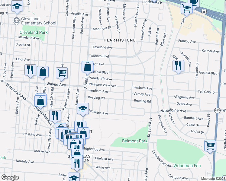 map of restaurants, bars, coffee shops, grocery stores, and more near 4211 Farnham Avenue in Dayton