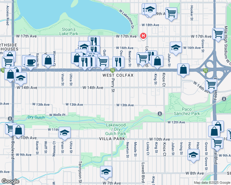 map of restaurants, bars, coffee shops, grocery stores, and more near 1374 Perry Street in Denver