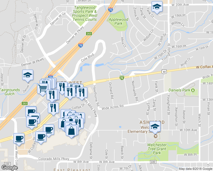 map of restaurants, bars, coffee shops, grocery stores, and more near 1375 Orchard Road in Golden
