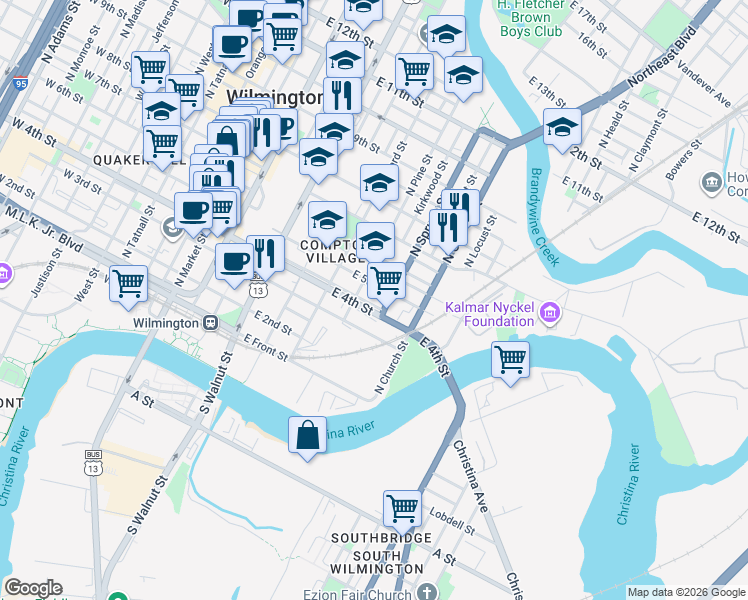 map of restaurants, bars, coffee shops, grocery stores, and more near 77 Mulberry Run in Wilmington