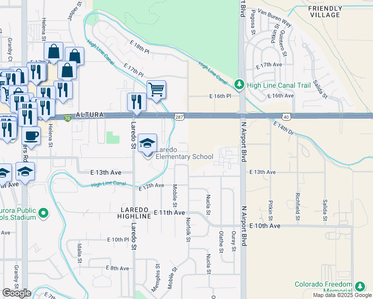 map of restaurants, bars, coffee shops, grocery stores, and more near 1423 Norfolk Street in Aurora