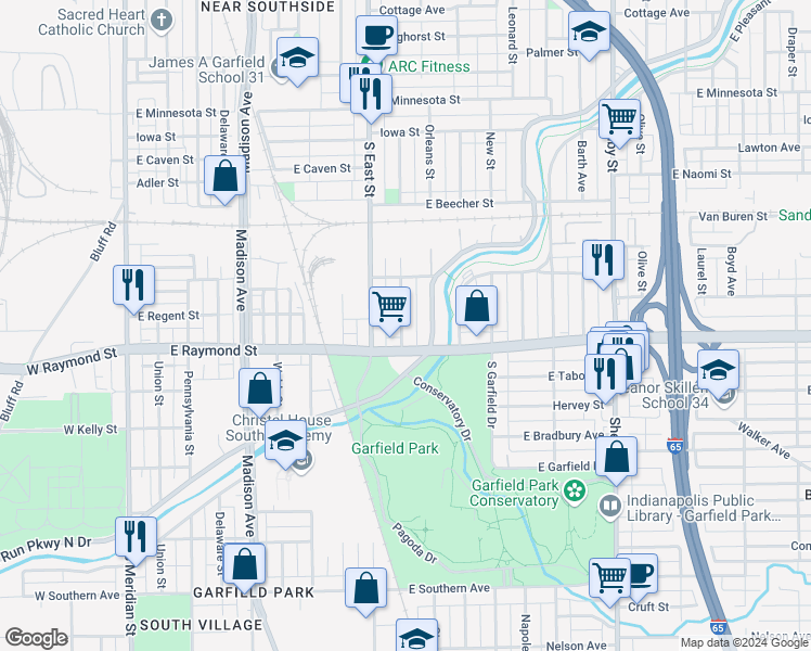 map of restaurants, bars, coffee shops, grocery stores, and more near 2155 Singleton Street in Indianapolis