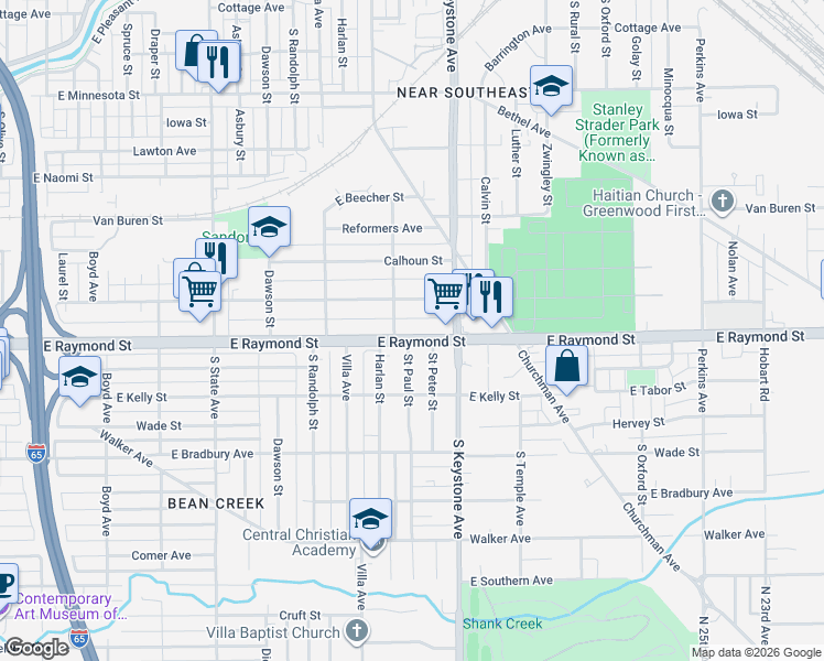 map of restaurants, bars, coffee shops, grocery stores, and more near 2320 East Raymond Street in Indianapolis