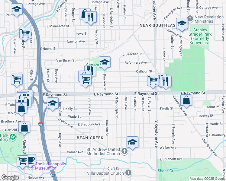 map of restaurants, bars, coffee shops, grocery stores, and more near 1830 East Raymond Street in Indianapolis