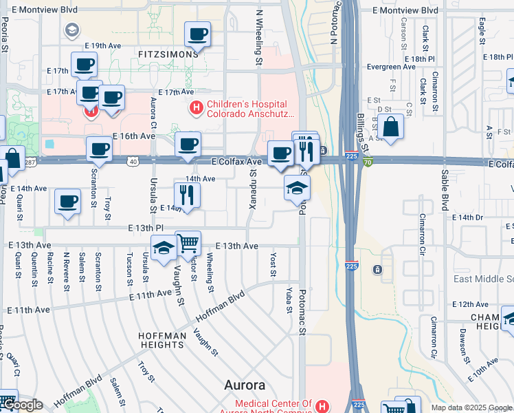 map of restaurants, bars, coffee shops, grocery stores, and more near 1395 Yost Street in Aurora