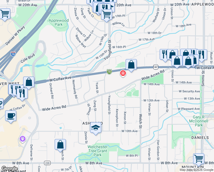 map of restaurants, bars, coffee shops, grocery stores, and more near 1380 Youngfield Street in Golden