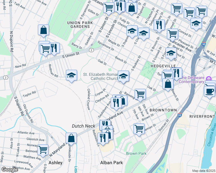 map of restaurants, bars, coffee shops, grocery stores, and more near 1004 Coyne Place in Wilmington
