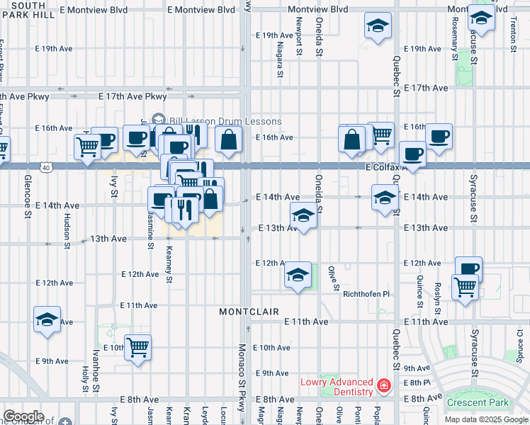 map of restaurants, bars, coffee shops, grocery stores, and more near 1338 Magnolia Street in Denver
