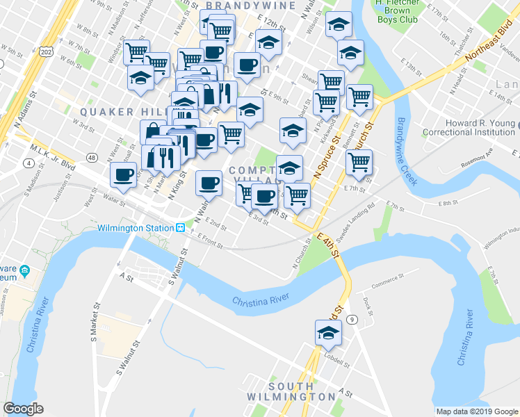 map of restaurants, bars, coffee shops, grocery stores, and more near 510 E 4th St in Wilmington
