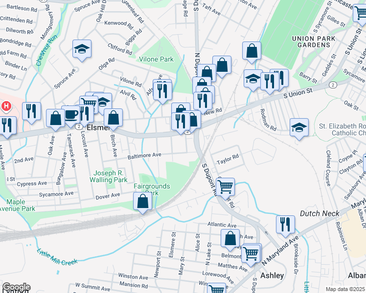 map of restaurants, bars, coffee shops, grocery stores, and more near 109 Northern Avenue in Elsmere