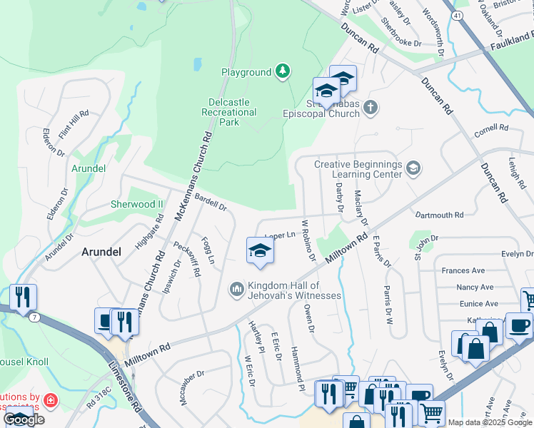 map of restaurants, bars, coffee shops, grocery stores, and more near 713 Dorcaster Drive in Wilmington