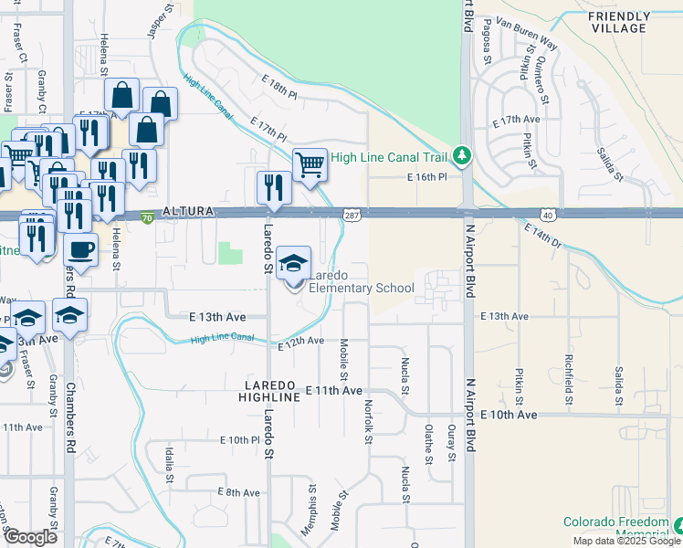 map of restaurants, bars, coffee shops, grocery stores, and more near 16415 East 14th Place in Aurora