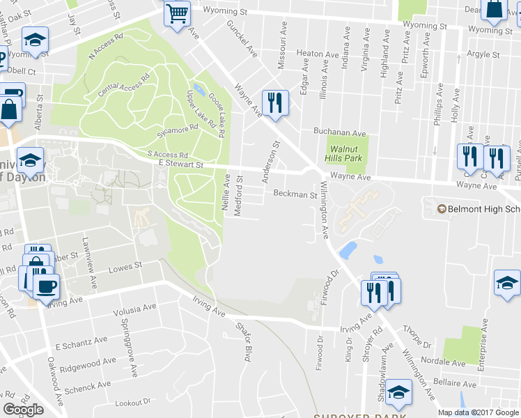 map of restaurants, bars, coffee shops, grocery stores, and more near 38 Mello Ave in Dayton
