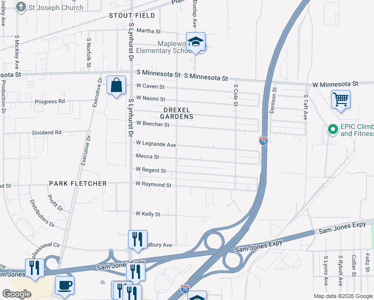 map of restaurants, bars, coffee shops, grocery stores, and more near 5037 W Legrande Ave in Indianapolis
