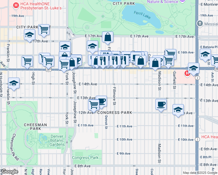 map of restaurants, bars, coffee shops, grocery stores, and more near 1380 Detroit Street in Denver