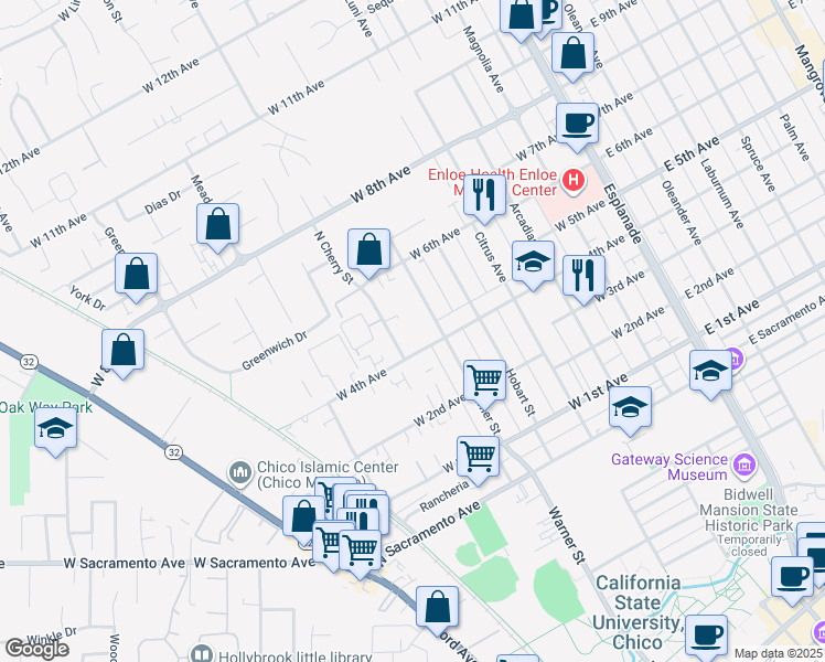 map of restaurants, bars, coffee shops, grocery stores, and more near 1412 North Cherry Street in Chico