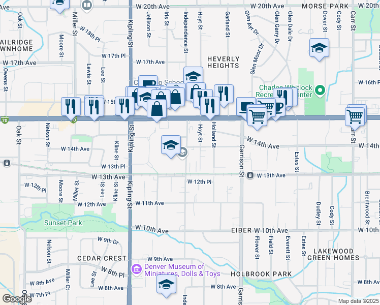 map of restaurants, bars, coffee shops, grocery stores, and more near 9590 West 14th Avenue in Lakewood