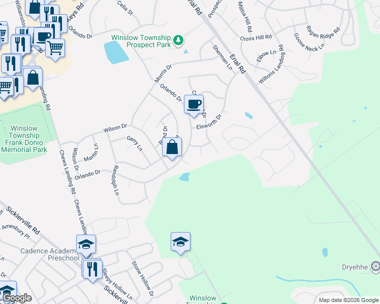 map of restaurants, bars, coffee shops, grocery stores, and more near 80 Orlando Drive in Sicklerville