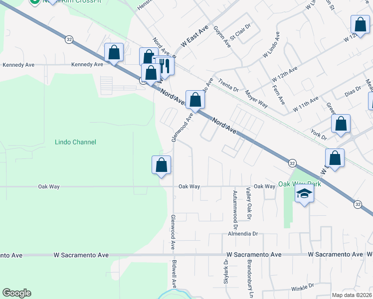 map of restaurants, bars, coffee shops, grocery stores, and more near 1259 Glenn Haven Drive in Chico